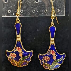 Vintage Cloisonne Fan Earrings, Wirehook Pierced, NOS NWT